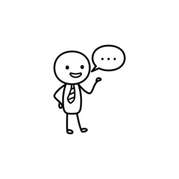 Businessman stick figure with speech bubble talking line art