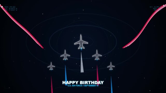 Happy birthday us air force graphic with five fighter jets in a formation flight against a dark radar screen background 4k Motion Video