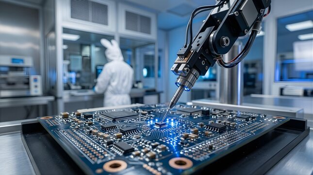 Robotic arm assembling electronic circuit board in modern factory lab