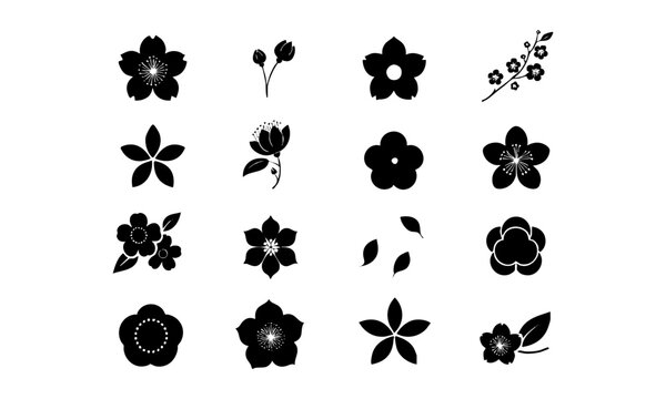 Decorative Cherry Blossom Floral Silhouette Elements