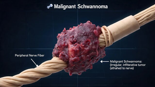 Labeled 3D illustration of Malignant Schwannoma tumor arising from peripheral nerve with Schwann cell lining
