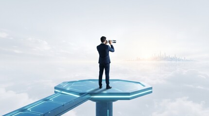 Fototapeta na wymiar A businessman peers through a telescope from a high-tech hexagonal platform, observing a distant cityscape.