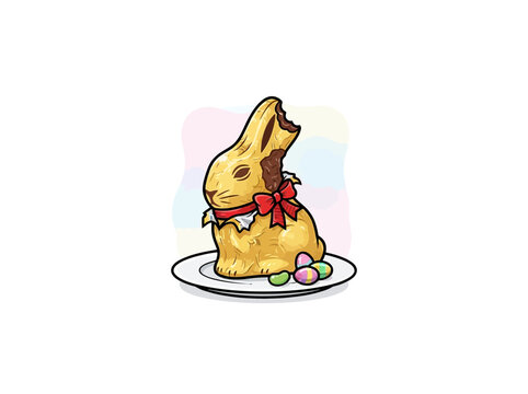 Golden Foil Chocolate Bunny With Bite Mark And Red Ribbon Bow On Plate With Colorful Easter Eggs In A Soft Pastel Setting Vector Illustration