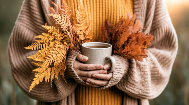 woman wearing an oversized wool cardigan holding a hot beverage mug alongside a bunch of colorful fallen foliage.