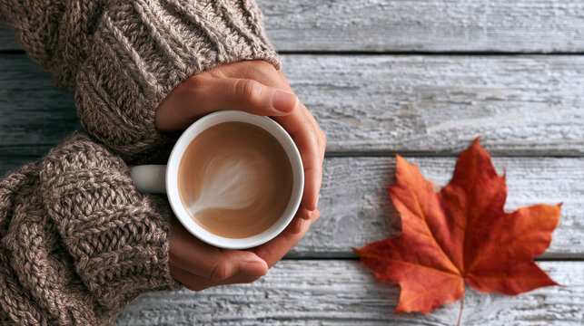Hands cradle warm coffee cup. Crisp autumn leaves rest beside it. Cozy sweater sleeves frame the scene. Wooden surface adds rustic charm. Soothing moment feels both quiet and warm.