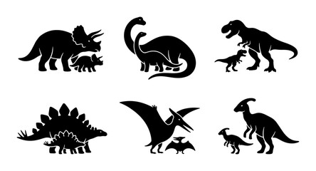 Obraz premium Dinosaur Family Silhouettes, Prehistoric Creatures Vector Icons, Jurassic Era Wildlife Graphics