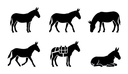 Fototapeta premium Donkey Silhouettes Collection, Farm Animal Icons, Rural Livestock Vector Set, Black and White
