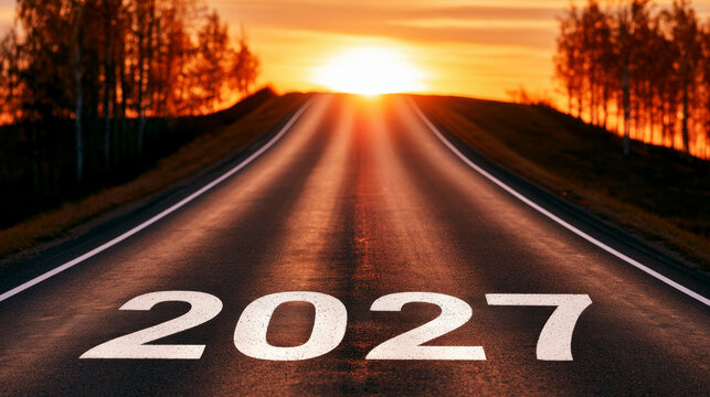 Open road leads to sunrise with 2027 painted on asphalt. Journey begins, future is bright, path to new goals, fresh beginnings, optimism.