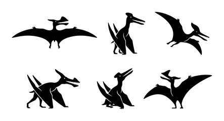 Pterodactyl Silhouettes, Prehistoric Flying Reptiles, Dinosaur Icons, Vector Set © Dev
