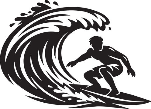 surfer riding big ocean wave silhouette vector illustration