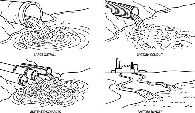 Industrial Wastewater Pollution Vector Outline Set with Factory Runoff Pipes and Drain Outfall Diagrams for Environmental Education Designs