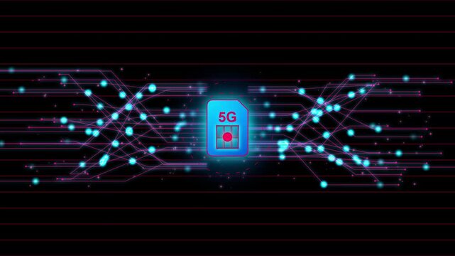 5G Sim Card Chip Digital Network Data Technology Neon Background