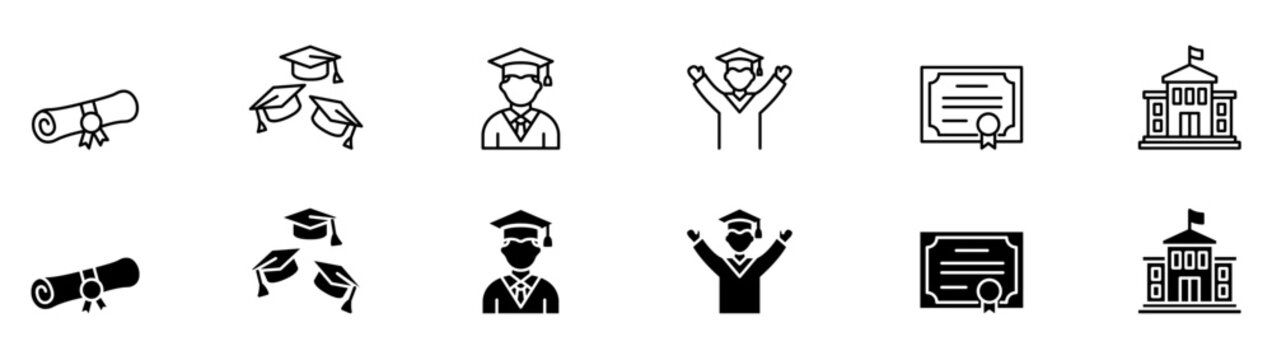 Education graduation and academic degree vector line and filled icon set for university success.