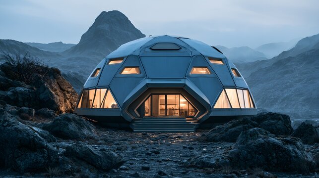 A futuristic geodesic dome house sits illuminated among rocky mountains at twilight. Ideal for themes of sustainable living or advanced architectural design concepts.