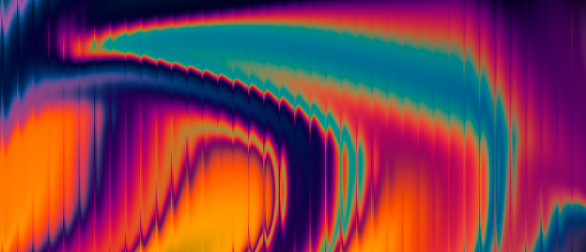 Fluid iridescent liquid texture displaying wavy patterns of neon orange purple and cyan light for psychedelic visual arts and futuristic technology branding.