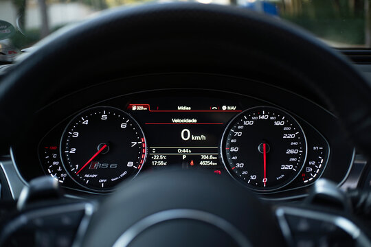 Interior View of Dashboard and Steering Wheel in an Audi RS6 Avant Performance Wagon