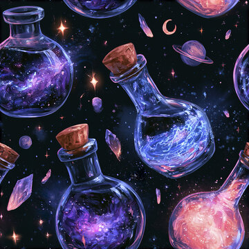 Seamless cosmic potion bottle pattern with glowing glass vials filled with swirling galaxy colors and magical stars