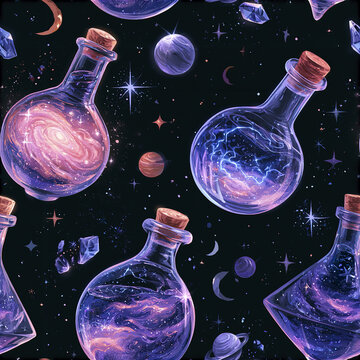 Cosmic potion bottle seamless pattern with glass containers filled with swirling galaxies and stars in dark space