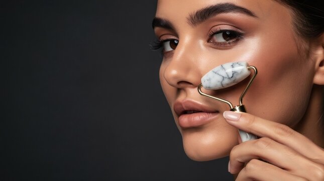 Brunette woman massages her glowing facial skin using a natural marble stone roller during a daily beauty wellness routine.