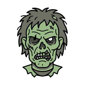 Creepy cartoon zombie head illustration with green skin and messy hair isolated on white