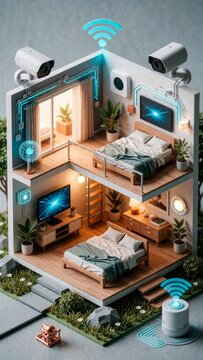 Smart home isometric model with security cameras and wireless icons