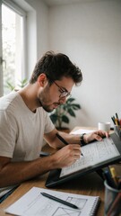 Fototapeta premium Young man drawing website wireframes on graphics tablet at office