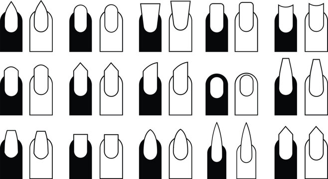 Nail shape icon set in filled and outline styles. Almond, stiletto, coffin, square, oval, squoval, edge, flared and round fingernail vectors illustration for manicure salon, cosmetics guide, nail art.