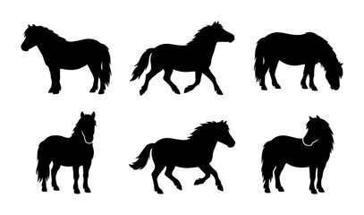 Fototapeta premium Six Black Horse Silhouettes, Equine Vector Icons, Equestrian Animal Graphics