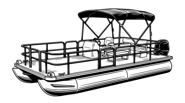 Detailed black and white vector illustration of recreational pontoon boat