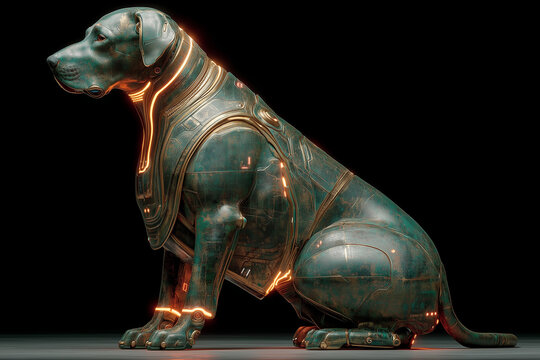 Biomechanical chimera dog, blending ancient artifact with futuristic technology