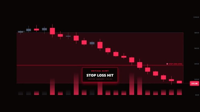 Stock market crash candlestick chart animation with stop loss trigger and critical alert tracker