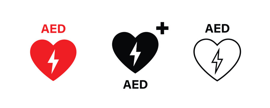 AED sign for automated external defibrillator with heart symbol.