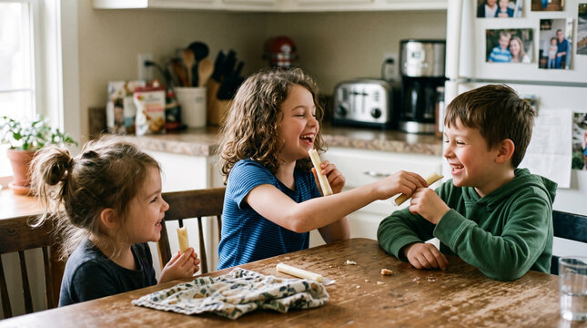 Three happy children eating snacks at a kitchen table.