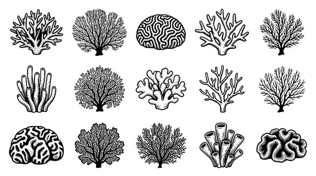 Detailed black and white vector coral reef collection design elements