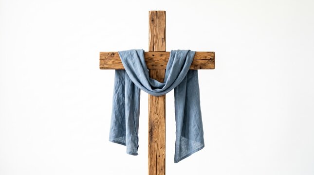 Wooden cross with draped blue fabric