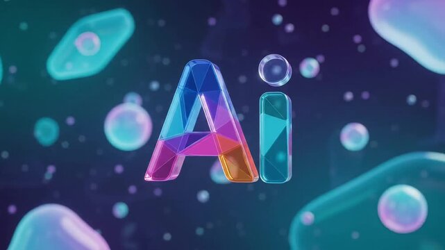3D glass AI letters rotating on abstract colorful backdrop