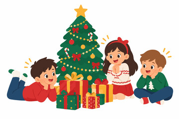 Fototapeta premium Excited Kids Await Christmas Gifts: impatient children waiting eagerly to open holiday gifts, sitting near a decorated Christmas tree with wrapped presents, excited and restless expressions