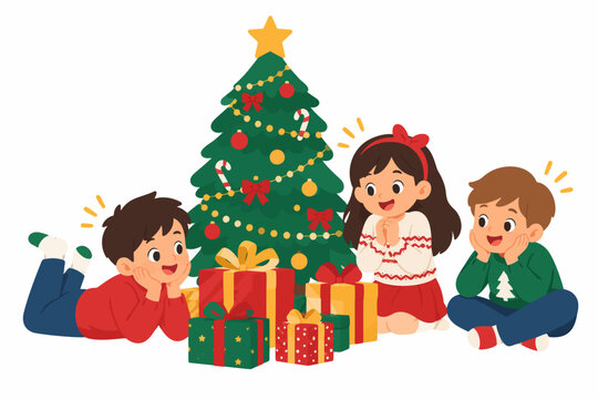 Excited Kids Await Christmas Gifts: impatient children waiting eagerly to open holiday gifts, sitting near a decorated Christmas tree with wrapped presents, excited and restless expressions