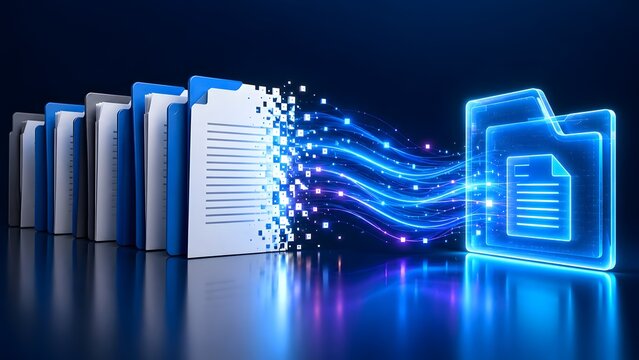 Row of physical file folders converting into digital data stream flowing into glowing electronic archive interface