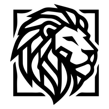 Stylized lion head vector logo with geometric mane lines, representing leadership and power in a square border.