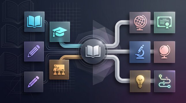Educational ecosystem infographic showing learning pathways and academic development with icons for research and digital transformation in modern online schooling and training systems