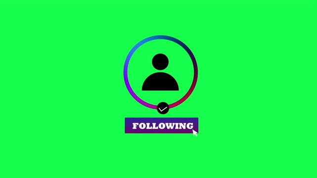 Social media following icon with user avatar inside gradient circle and click button on green screen