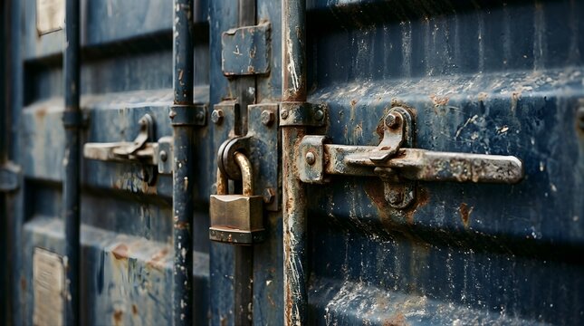 Closed padlock on a weathered blue metal shipping container door lock