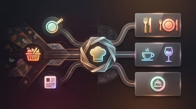 Restaurant kitchen operations and inventory management workflow showing food supply and service logistics for digital transformation in modern culinary and hospitality business systems
