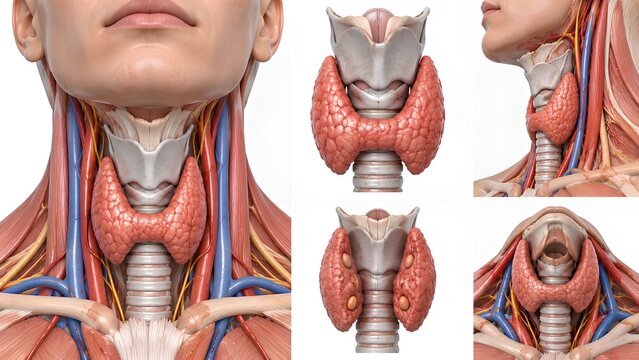 Detailed 3D medical visualization of the human thyroid gland showing lobes, isthmus, trachea, larynx, surrounding muscles, vessels, and parathyroid structures with realistic textures and lighting.