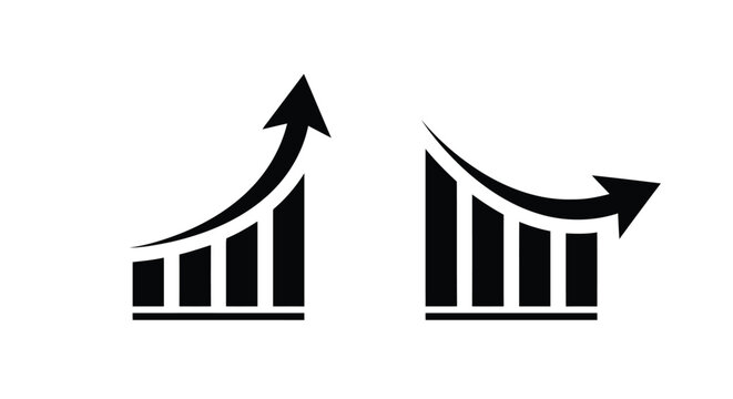 Bar chart with curved arrows indicating upward and downward trends for financial growth and loss.