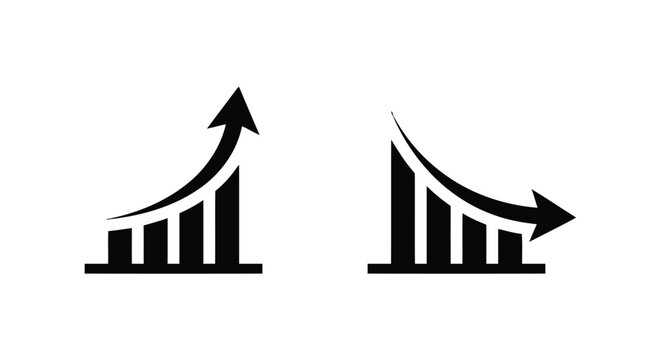 Bar chart with upward and downward arrows showing growth and decline trends.