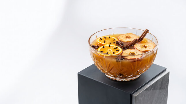 Spiced wassail punch bowl with fruits in clean studio photo on pedestal from high angle viewpoint