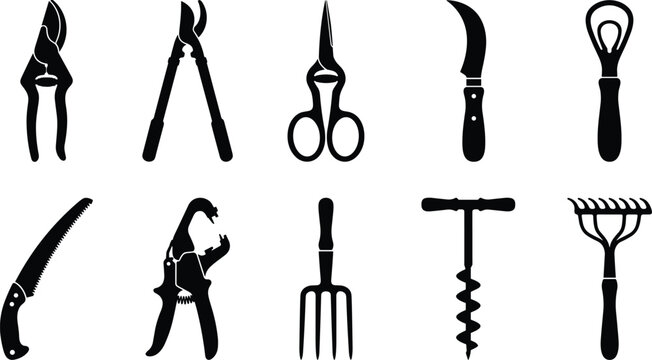 Garden Tool Silhouette Set Vector Illustration of Horticulture Equipment