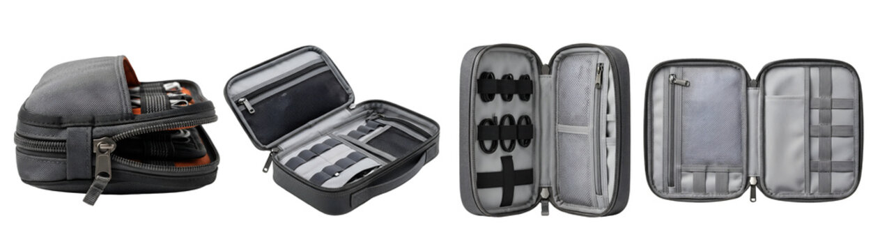 A black travel case with multiple compartments and zippers on transparent background